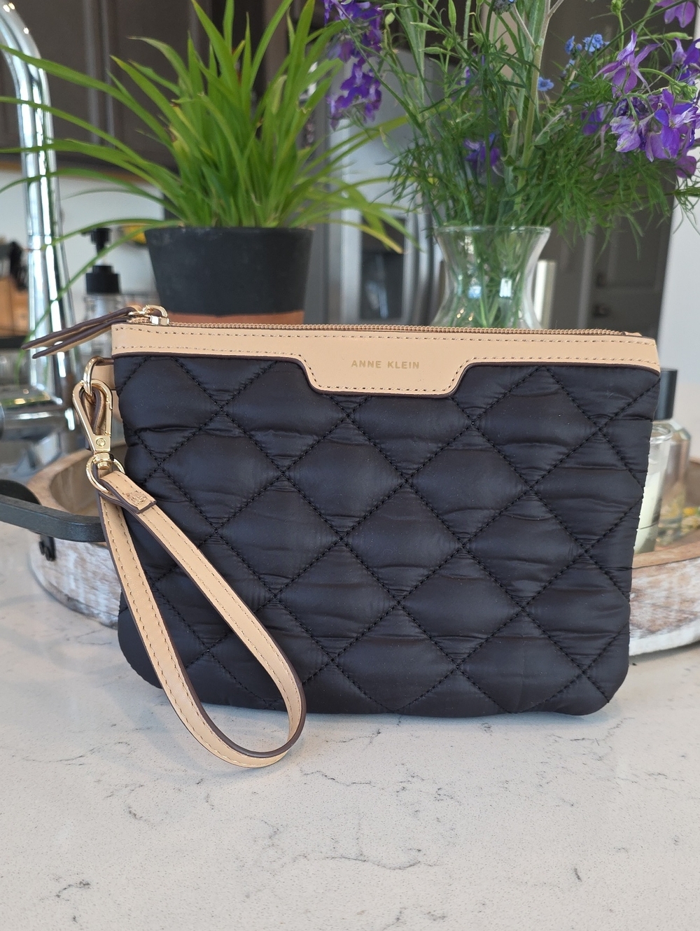Anne Klein Black Quilted Wristlet with Beige Trim
